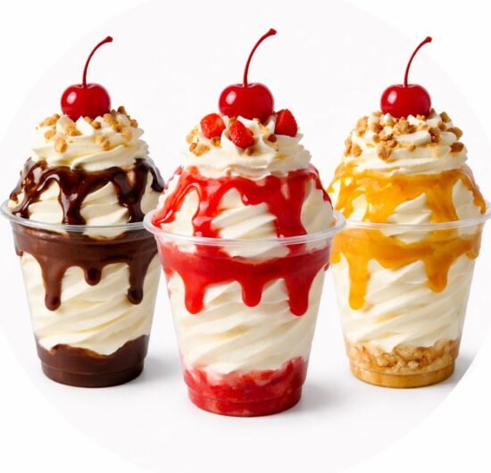 Three colorful ice cream sundaes